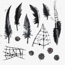 羽毛笔刷手绘黑羽和蜘蛛网高清图片