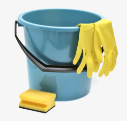 放在蓝色水桶上的黄色手套和旁边素材