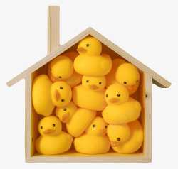 黄色玩具橡胶鸭被塞在木屋里实物素材