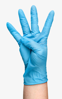 塑胶手套戴着蓝色手套做着四的手势高清图片