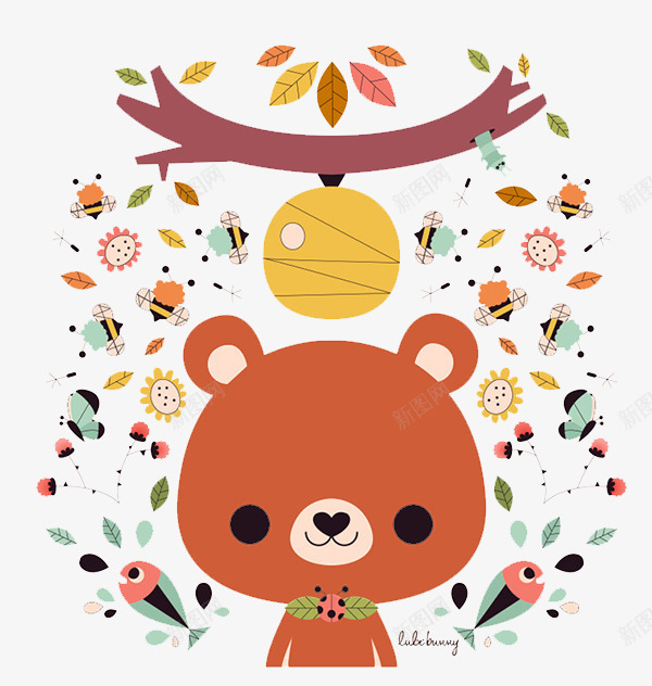 可爱小熊小鱼小花png免抠素材_88icon https://88icon.com 创意插画设计 卡通贺卡封面 手绘插画