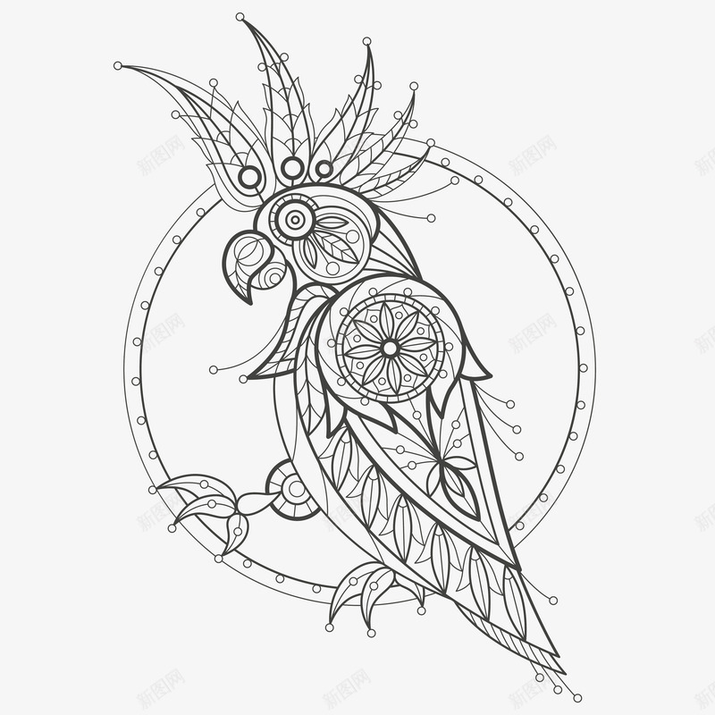 鹦鹉黑白图腾线稿矢量图eps免抠素材_88icon https://88icon.com 写真在线 动物 图腾 圆圈 矢量图 精致 线描鹦鹉 线条 线稿 美丽 羽毛 鹦鹉 黑白