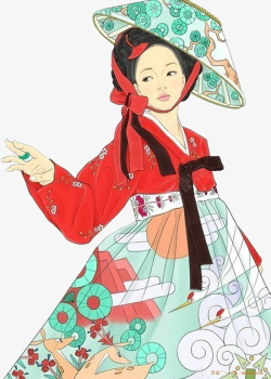古代妇女古风朝鲜服带着帽子的妇女高清图片