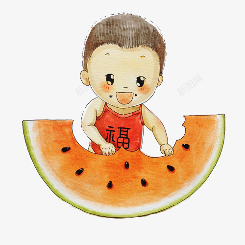 卡通吃一个大西瓜png免抠素材_88icon https://88icon.com 卡通西瓜 吃西瓜 小孩 手绘 插画 水果