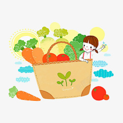 卡通插画女孩和各种蔬菜在篮子里素材