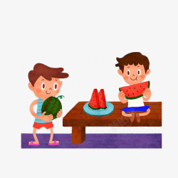 卡通两个小朋友吃西瓜素材