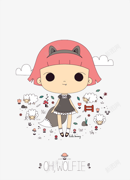 可爱狼耳朵女孩封面psd免抠素材_88icon https://88icon.com 创意插画设计 卡通贺卡封面 手绘插画