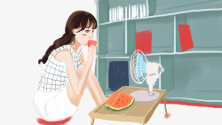 卡通手绘吹电扇吃西瓜的女孩素材