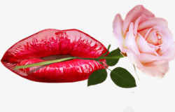 红色嘴巴叼着粉色玫瑰花素材