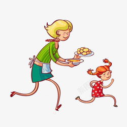 卡通跑着上菜的厨娘和小女孩素材