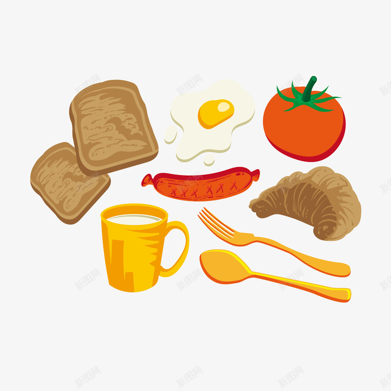 卡通西式简餐早餐png免抠素材_88icon https://88icon.com 卡通 早餐 火腿 煎蛋 牛奶 牛角面包 简餐 西式 西式早餐 西式简餐 西红柿 面包 餐勺 餐叉
