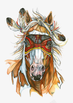 手绘马素材印第安风格带羽毛的马高清图片