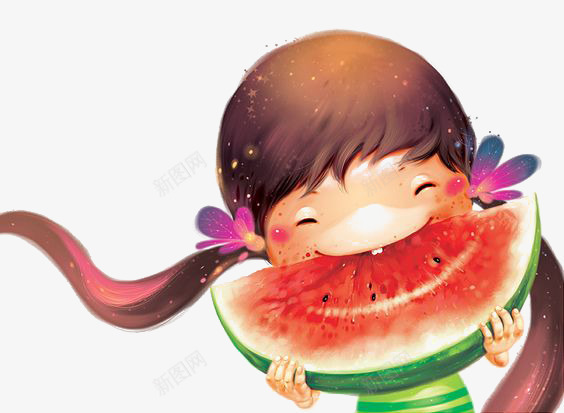 吃西瓜的小孩png免抠素材_88icon https://88icon.com 卡通 女孩 小孩 手绘 插画 水果 西瓜