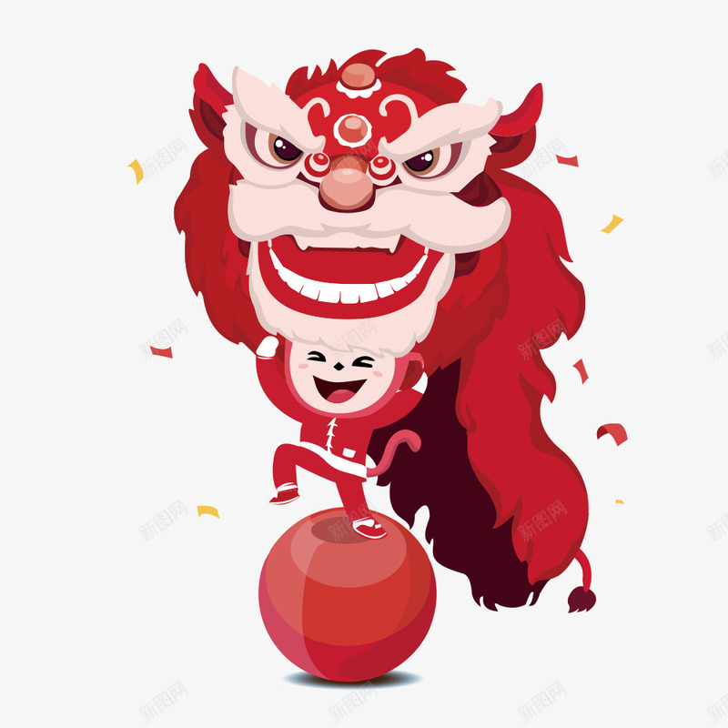 踩着球舞狮的男孩png免抠素材_88icon https://88icon.com 卡通 喜庆 庆祝 手绘 新春 春节 红色 舞狮