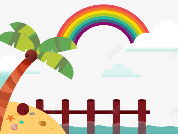 有彩虹的海边沙滩png免抠素材_88icon https://88icon.com 创意插画设计 卡通贺卡封面 手绘插画