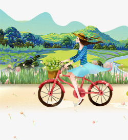 女孩与树林骑自行车踏青女孩子高清图片