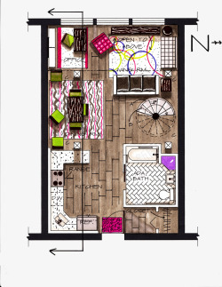 彩色手绘公寓一居室平面效果图素材