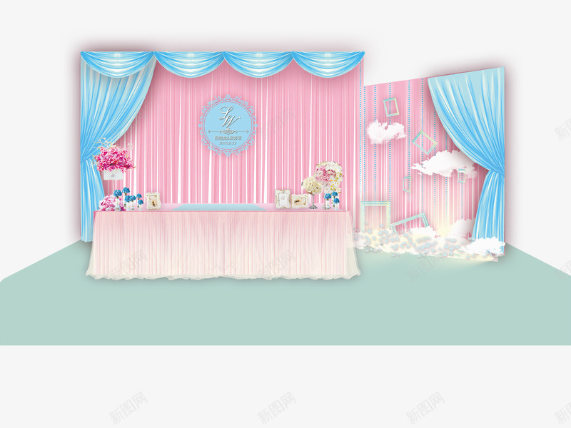 婚礼签到区效果图png免抠素材_88icon https://88icon.com T蓝 psd 云朵 婚礼签到 婚礼签到区设计效果图免费下载 布幔 相框 粉色 黑色