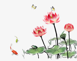中国风手绘荷花荷叶蝴蝶鲤鱼素材
