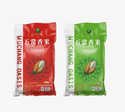 红色和绿色包装袋的五常香米包装素材