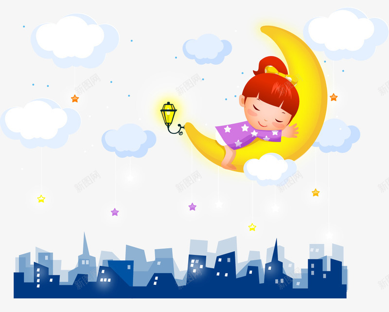 抱着月亮安睡的小女孩插画png免抠素材_88icon https://88icon.com 云朵 城市剪影 女孩 月亮