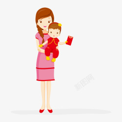 拿着画笔的小孩抱着拿着红包小孩的妈妈矢量图高清图片