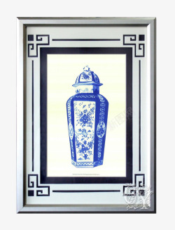 中国风青花瓷瓶金属框壁画素材