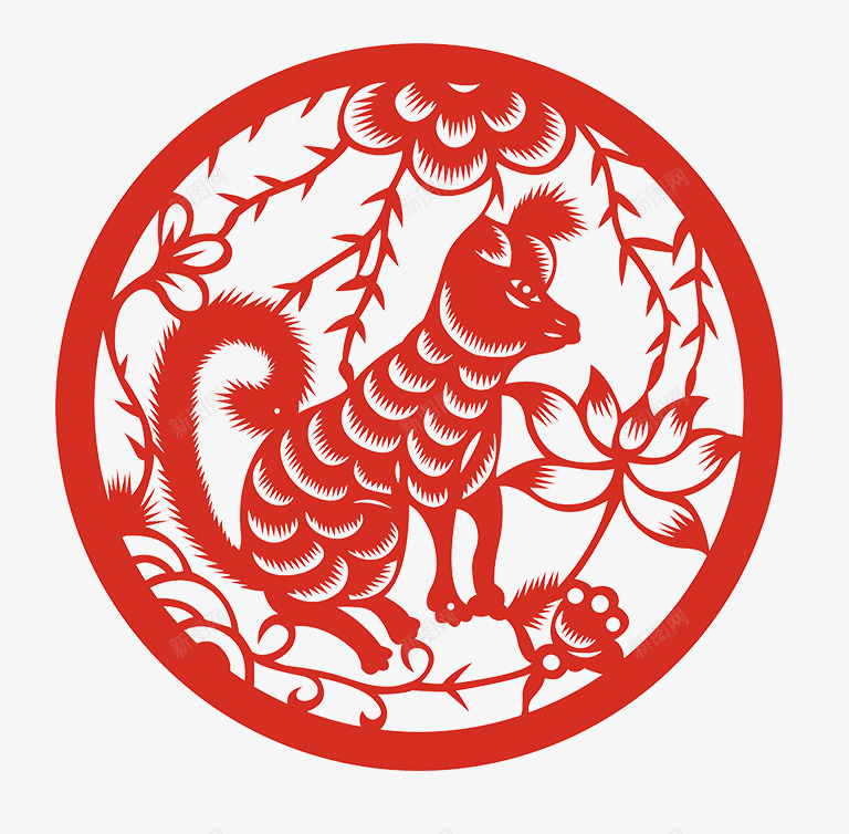 狗年剪纸png免抠素材_88icon https://88icon.com 2018 中国风 卡通手绘 圆形 狗年剪纸 荷花