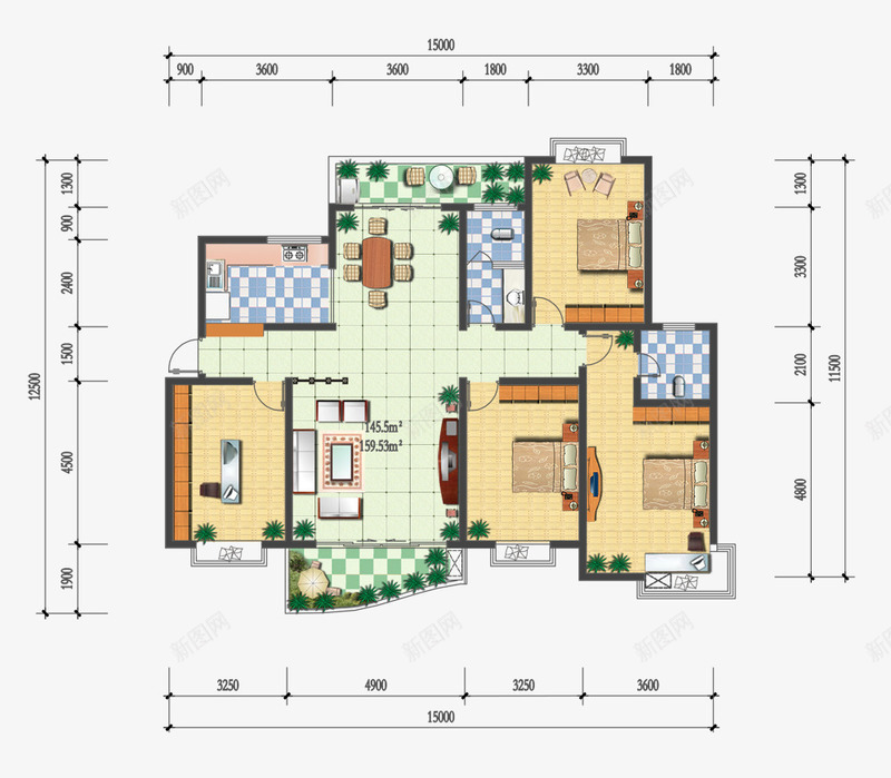 家装效果图温馨四房两厅户型图png免抠素材_88icon https://88icon.com 四房两厅 家装效果图 户型图 温馨