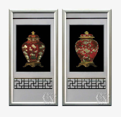 中式铝框红色彩釉花瓶装饰画素材