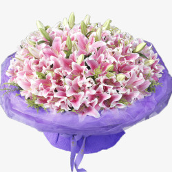 淡紫色包装粉红色百合大花束高清图片