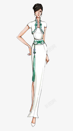 白绿色旗袍女素材