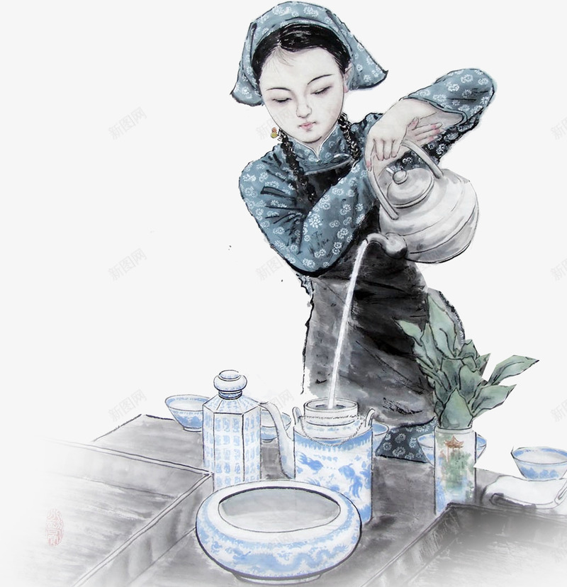 古典倒茶美女png免抠素材_88icon https://88icon.com 倒茶 倾倒茶水 古典 瓷器 美女