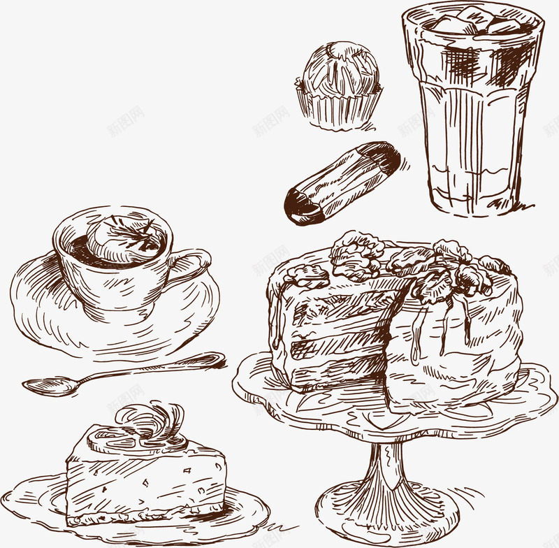 手绘线描咖啡蛋糕png免抠素材_88icon https://88icon.com 复古 手绘 线描咖啡蛋糕