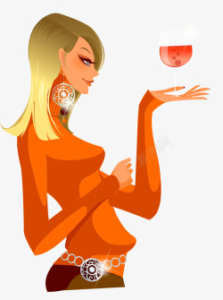 端起酒杯的美女喝红酒的卡通美女人物高清图片