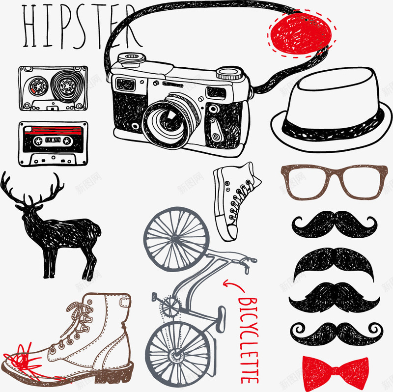 潮男用品矢量图ai免抠素材_88icon https://88icon.com 时尚 潮男 潮男装备 照相机 男士用品 矢量图 磁带 礼帽 胡子 自行车 蝴蝶结