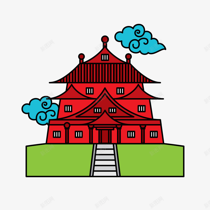 中式建筑矢量图ai免抠素材_88icon https://88icon.com 云朵 手绘 楼梯 红色 矢量图