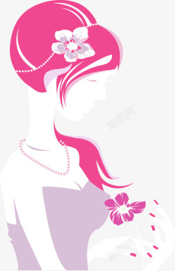 白色花朵粉红头发女生素材