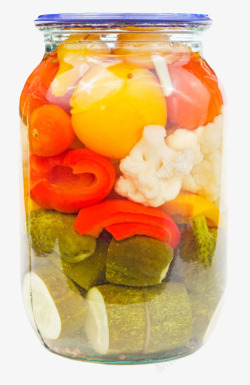 装满混合腌制蔬菜的透明广口瓶实素材