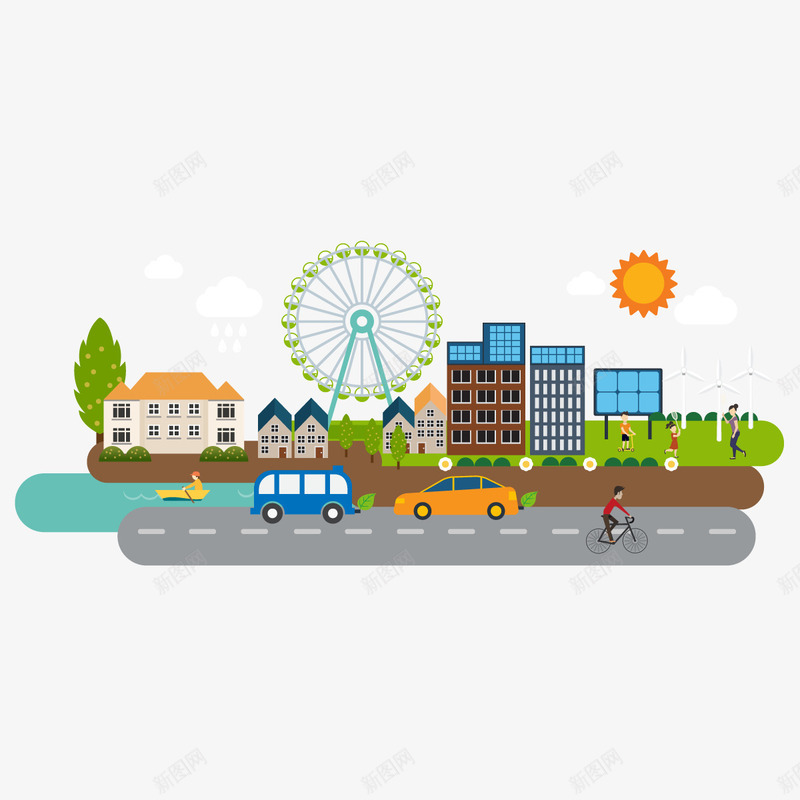 城市日常矢量图ai免抠素材_88icon https://88icon.com 摩天轮 楼房 汽车 街道 矢量图