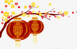 中式可爱彩绘灯笼梅花树枝素材