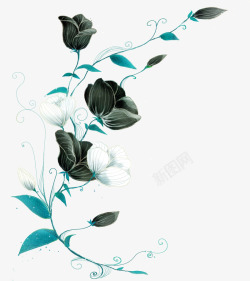 手绘梦幻蓝色植物黑色花朵素材
