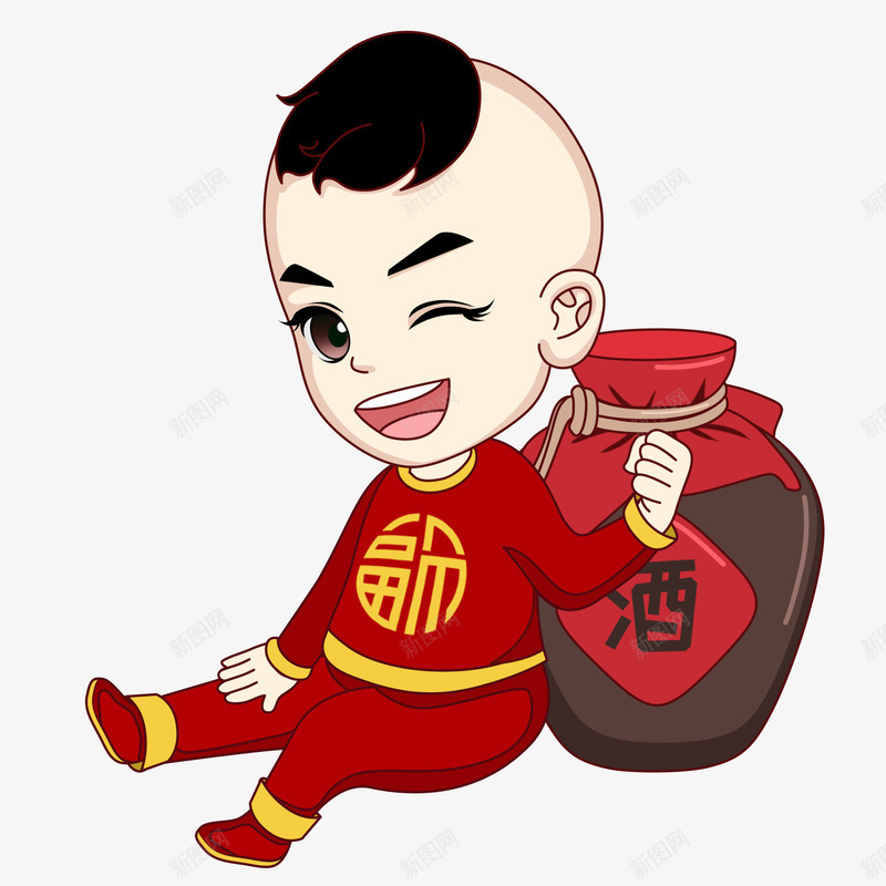 卡通男福娃送酒来啦psd免抠素材_88icon https://88icon.com 卡通人物 卡通手绘 卡通男福娃送酒来啦 喜庆 男福娃 福娃 装饰背景