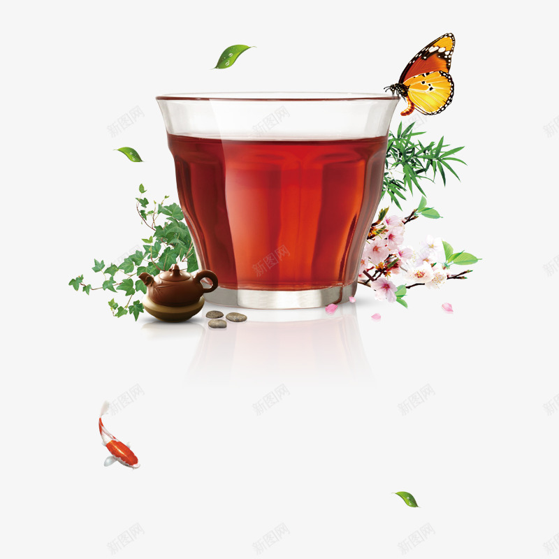 蝴蝶红茶psd免抠素材_88icon https://88icon.com 桃花 玻璃 红茶 茶杯 蝴蝶 鲤鱼