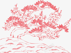 红色中式手绘树木矢量图素材