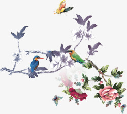 彩色牡丹花上的小鸟素材
