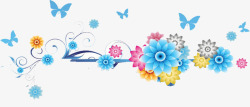 蓝色手绘花朵蝴蝶素材