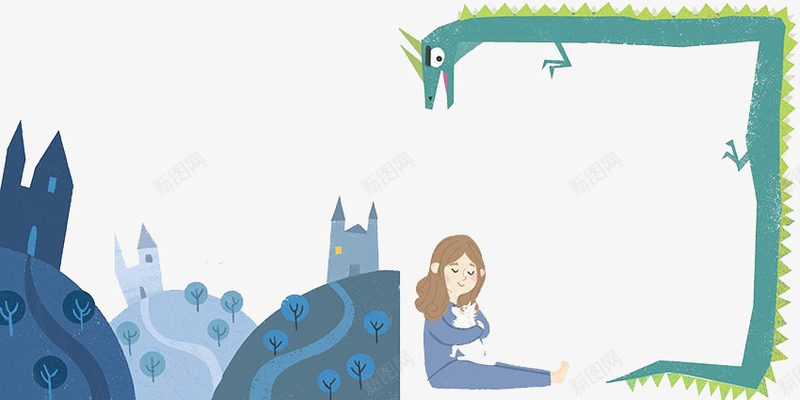 创意城堡女孩青龙png免抠素材_88icon https://88icon.com 创意设计 卡片封面 四圣兽 手绘插画
