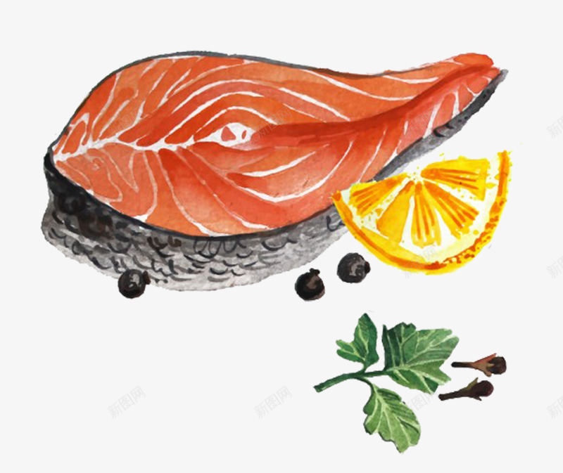 手绘的草鱼块装饰png免抠素材_88icon https://88icon.com 免抠图 效果图 柠檬片 海产 海鲜 绿叶 肉食 装饰图 装饰画