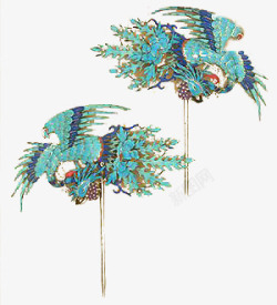 复古手绘了蓝色的凤凰孔雀发簪素材